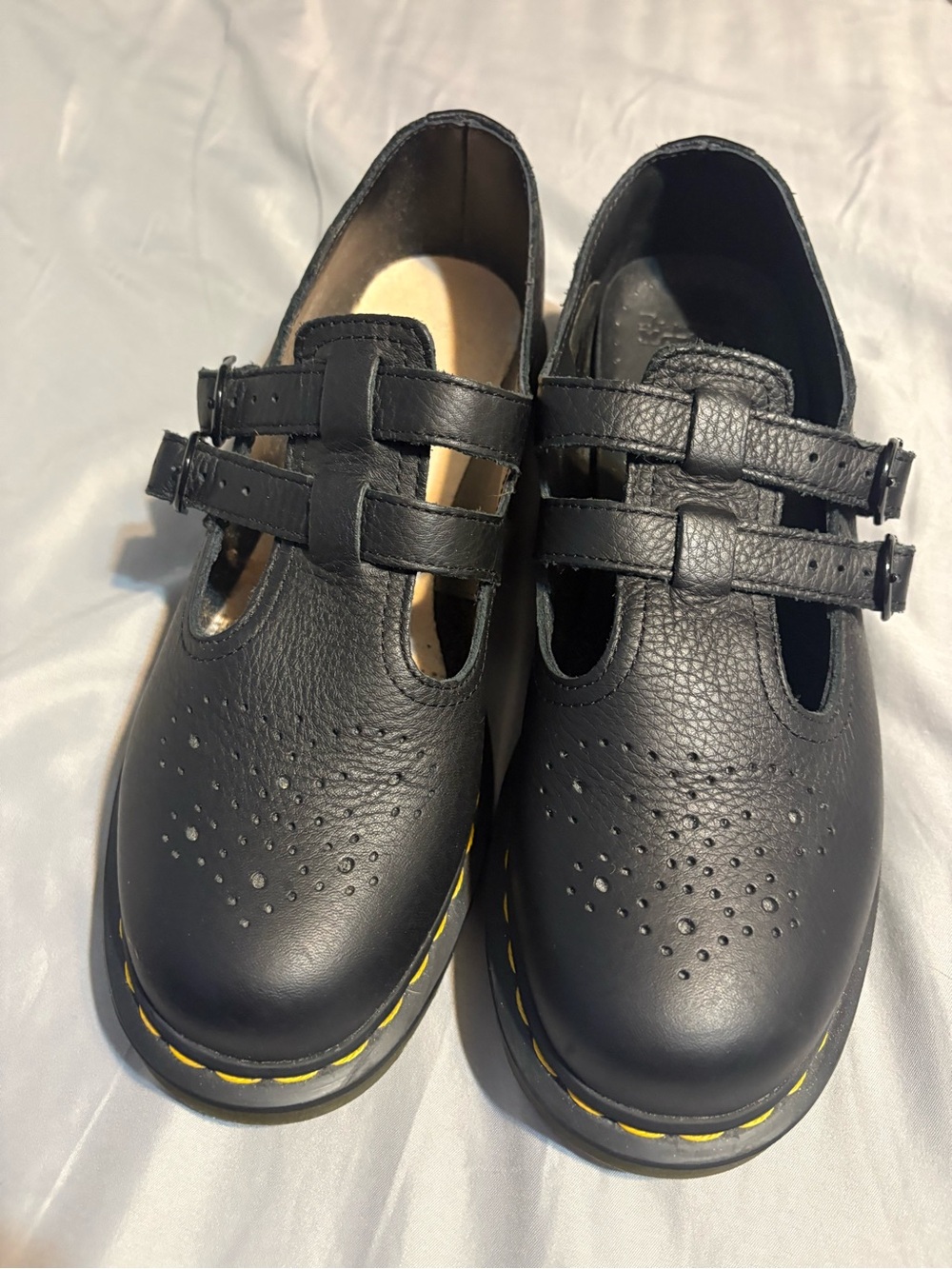 Dr. Martens Black Leather Double-Strap Mary Jane Booties with Yellow Stitch